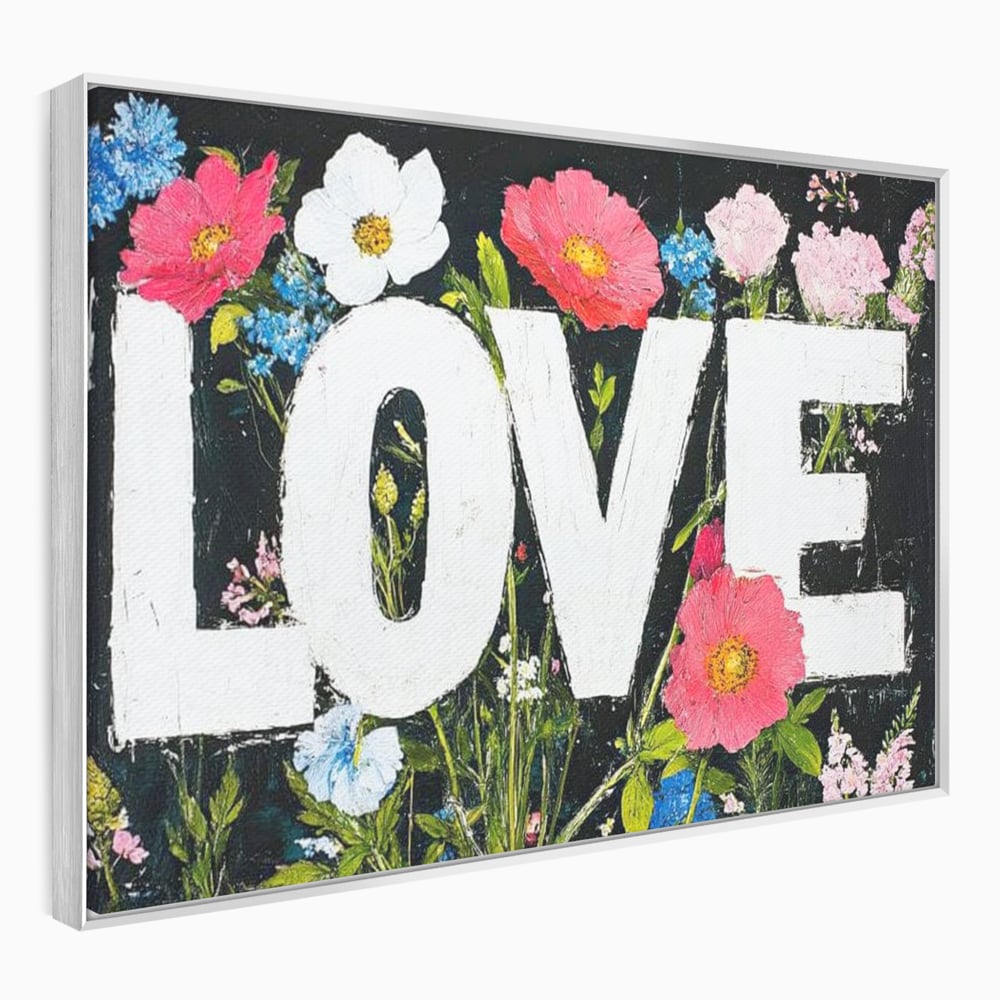 Tablou canvas cu tablou canvas cu flori si cuvantul love, in rama de aluminiu argintiu